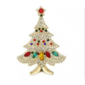 Festive Goldtone Christmas Tree Brooch with Multicolor Faux Gems - New